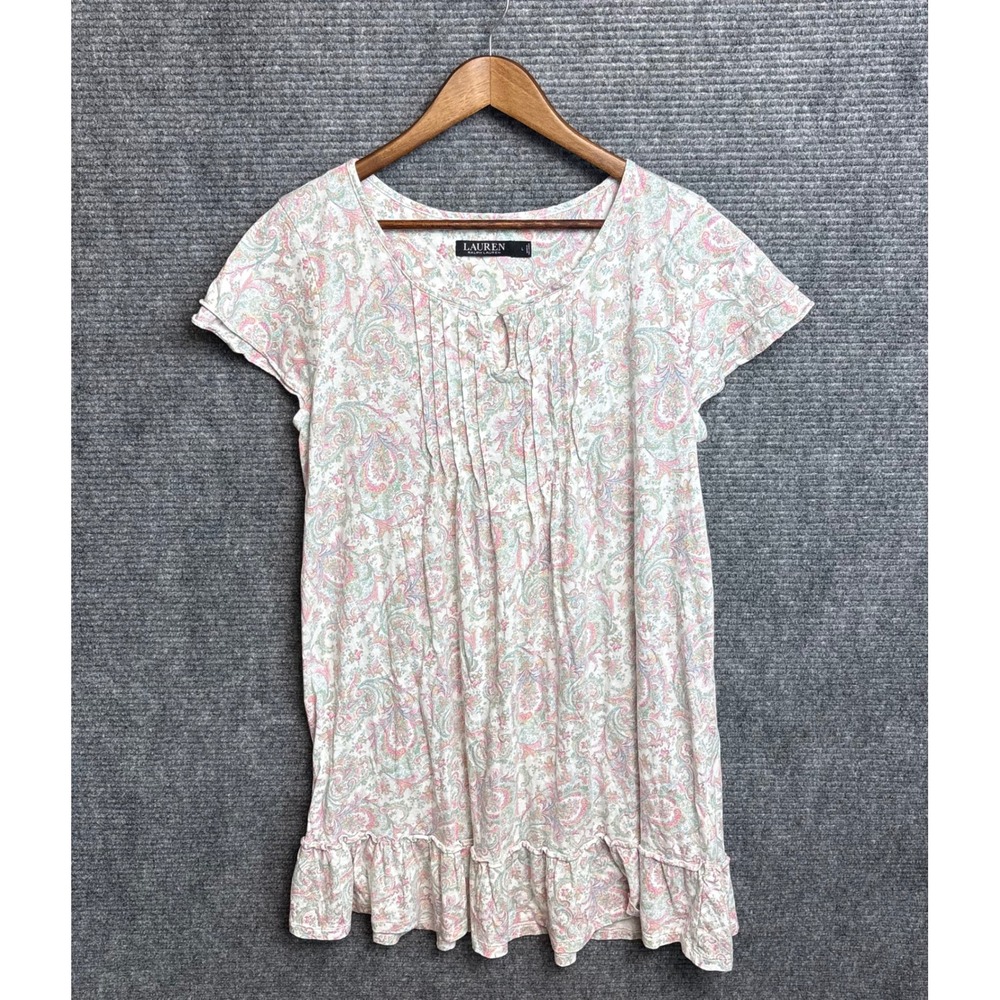Lauren Ralph Lauren Women Pink Paisley Pleated Ruffle Hem Nightgown Large